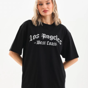 Kadın Baskılı Tişört Kısa Kol Bisiklet Yaka Oversize T-Shirt - Siyah