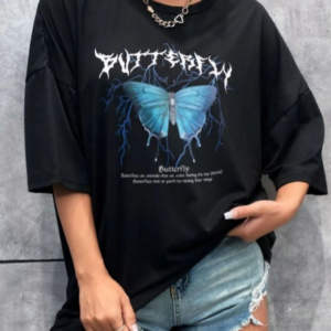 Kadın kelebek Baskılı Oversize kısa kol T-Shirt - Siyah