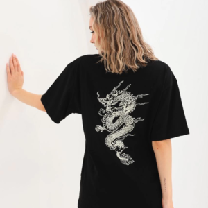 Kadın Kısa Kol Yazlık Tişört Bisiklet Yaka Ejderha Baskılı T-Shirt - Siyah