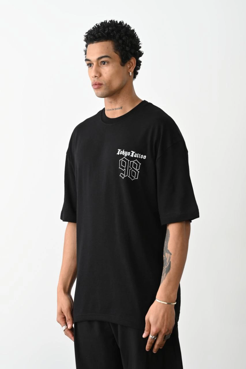 unisex-baskili-oversize-t-shirt-siyah-72524083-sw853sh1280 Erkek Kısa Kol Yazlık Tişört Bisiklet Yaka Baskılı Oversize T-Shirt - Siyah - Görsel 2