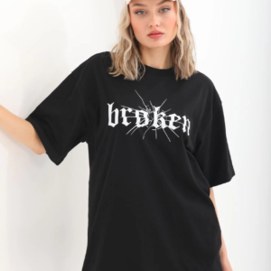Kadın Kısa Kol Yazlık Tişört Bisiklet Yaka Baskılı Oversize T-Shirt - Siyah