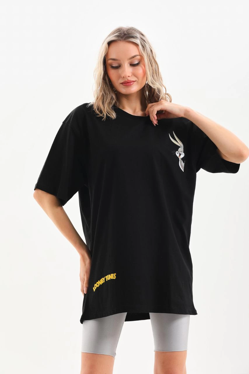 unisex-baskili-oversize-t-shirt-siyah-93068281-sw853sh1280 Kadın Kısa Kol Yazlık Tişört Bisiklet Yaka Baskılı Oversize T-Shirt - Siyah - Görsel 2