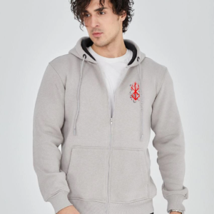 Erkek 3 İplik Pamuklu Kapüşonlu Tam Fermuarlı Cepli Hoodie Sweatshirt - Boyalı Gri