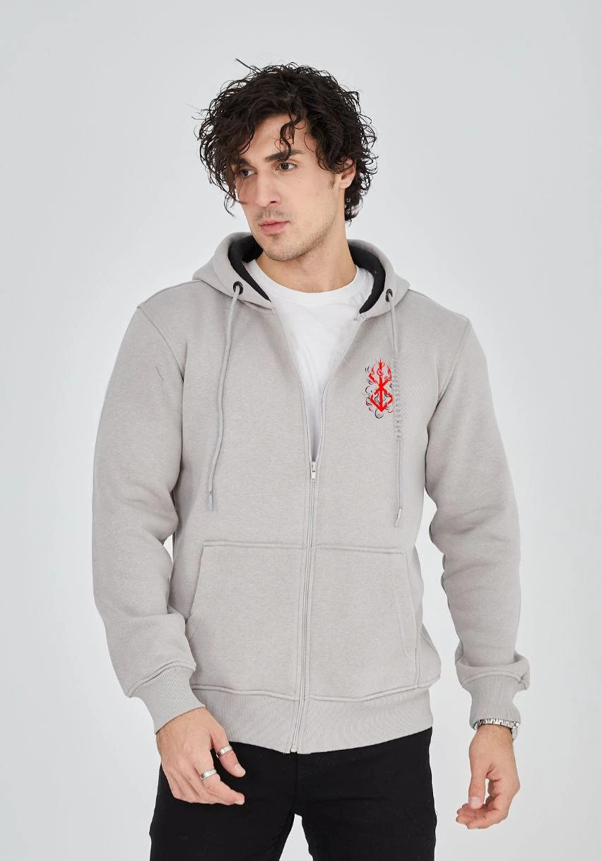 unisex-baskili-tam-fermuarli-kapsonlu-sweatshirt-boyali-gri-2461835-sw852sh1218 Erkek 3 İplik Pamuklu Kapüşonlu Tam Fermuarlı Cepli Hoodie Sweatshirt - Boyalı Gri