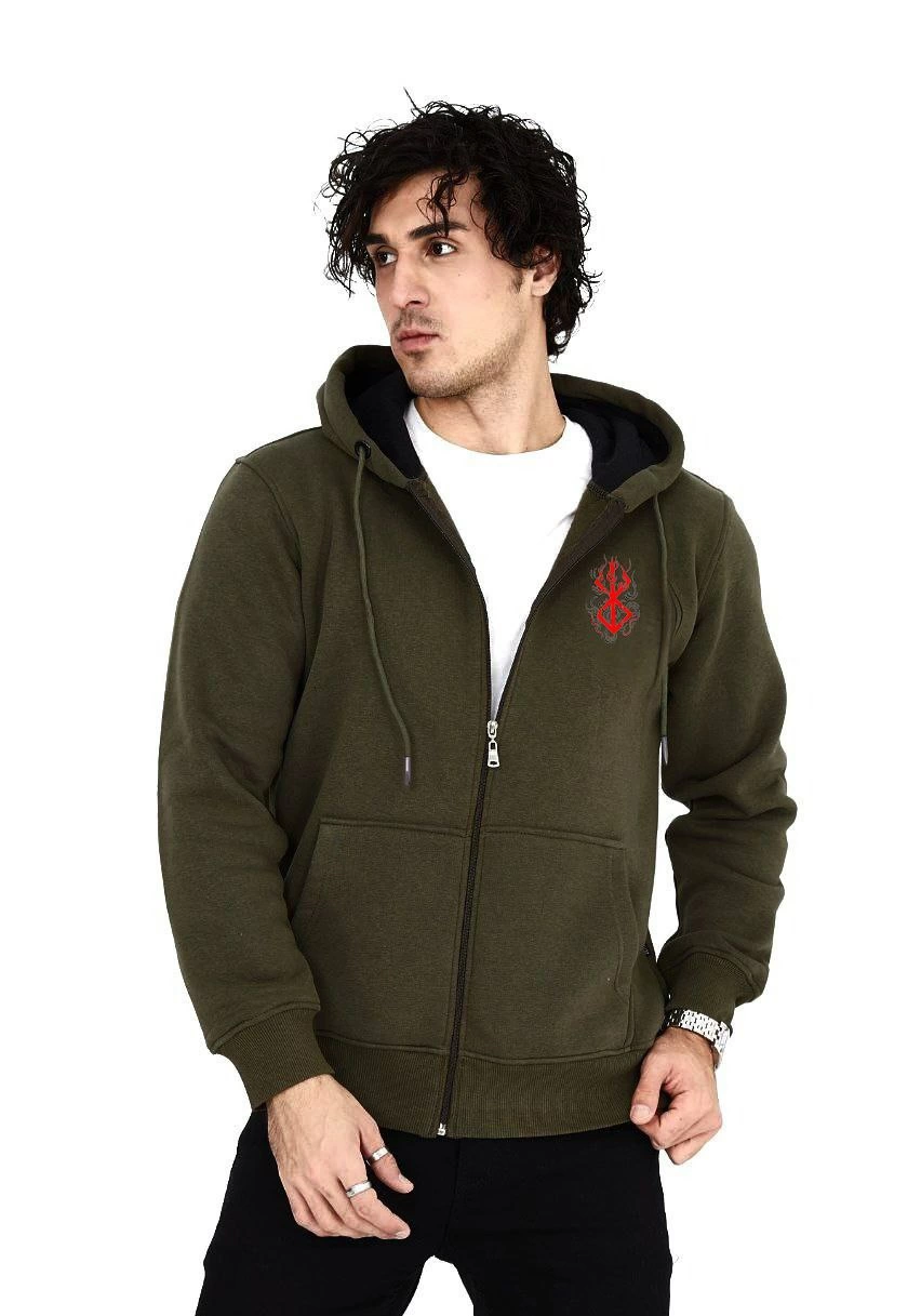unisex-baskili-tam-fermuarli-kapsonlu-sweatshirt-haki-23267023-sw852sh1217 Erkek 3 İplik Pamuklu Kapüşonlu Tam Fermuarlı Cepli Hoodie Sweatshirt - Haki