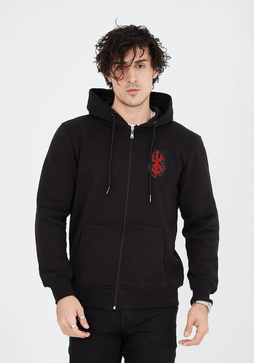 unisex-baskili-tam-fermuarli-kapsonlu-sweatshirt-siyah-43647620-sw852sh1217 Erkek 3 İplik Pamuklu Kapüşonlu Tam Fermuarlı Cepli Hoodie Sweatshirt - Siyah - Görsel 2