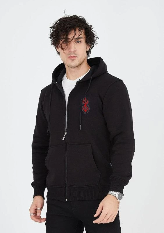 unisex-baskili-tam-fermuarli-kapsonlu-sweatshirt-siyah-86070074-sw564sh800 Erkek 3 İplik Pamuklu Kapüşonlu Tam Fermuarlı Cepli Hoodie Sweatshirt - Siyah