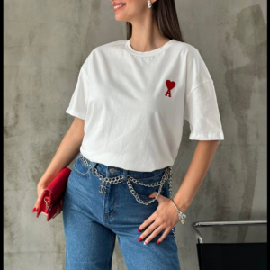 Kadın Tişört Bisiklet Yaka Baskılı Oversize Kısa Kol T-Shirt - Beyaz