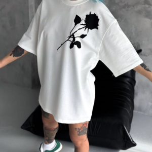 kadın Bisiklet Yaka Baskılı Oversize  Kısa kol T-Shirt - Beyaz