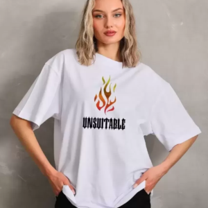 Kadın Baskılı T-Shirt Kısa Kol Bisiklet Yaka Oversize Rahat Kalıp Günlük Tişört - Beyaz