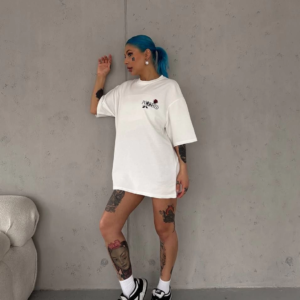 Kadın Bisiklet Yaka Baskılı Kısa kol Oversize T-Shirt - Beyaz