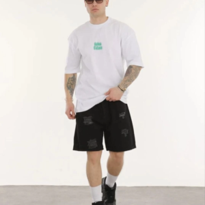 Erkek Kısa Kol Yazlık Tişört Bisiklet Yaka Baskılı Oversize T-Shirt - Beyaz