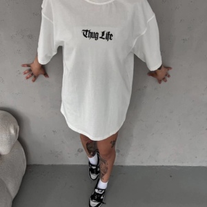 Kadın Kısa Kol Yazlık Tişört Bisiklet Yaka Baskılı Oversize T-Shirt - Beyaz