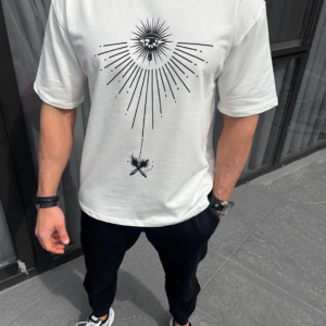 Erkek Kısa Kol Tişört Bisiklet Yaka GÜL Baskılı Oversize T-Shirt - Beyaz