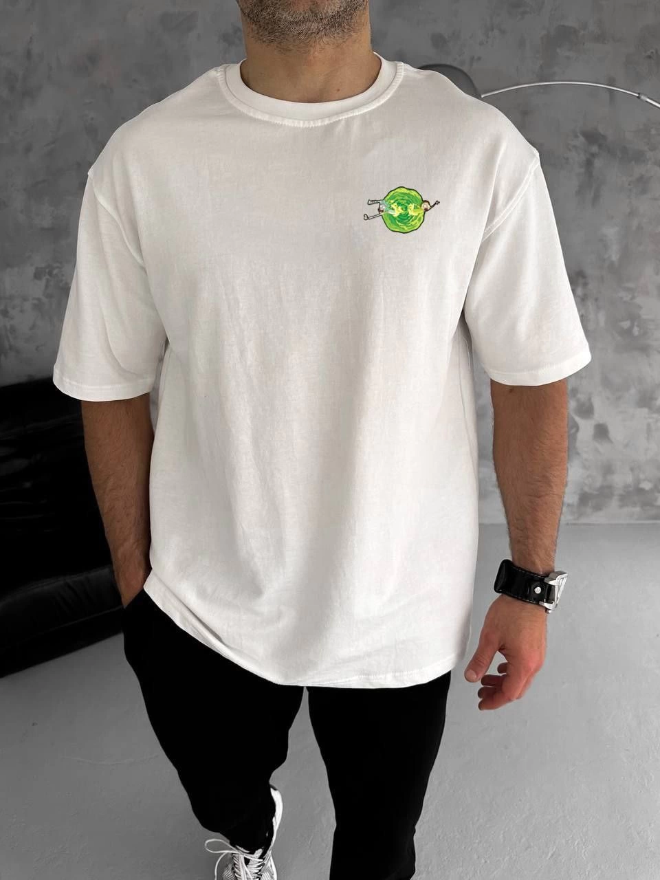 unisex-bisiklet-yaka-baskili-oversize-t-shirt-beyaz-71207594-sw960sh1280 Erkek Kısa Kol Tişört Bisiklet Yaka RİCK AND MORTY Baskılı T-Shirt - Beyaz
