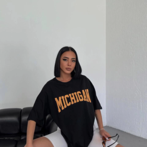 Kadın Baskılı T-Shirt Kısa Kol Bisiklet Yaka Oversize Tişört - Siyah