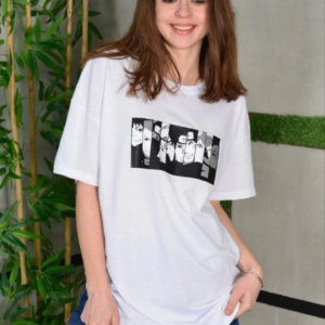 Kadın Bisiklet Yaka Baskılı  Kısa kol Oversize T-Shirt - Beyaz