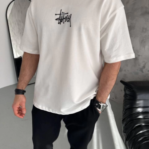 Erkek Tişört Bisiklet Yaka Baskılı Oversize Kısa kol T-Shirt - Beyaz