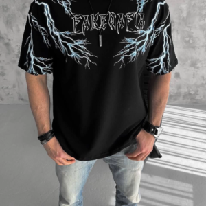 Erkek Bisiklet Yaka Tişört Yıldırım Şimşek Baskılı Kısa Kol T-Shirt -Siyah