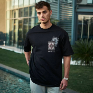 Erkek Kısa Kol Yazlık Tişört Bisiklet Yaka Baskılı Oversize T-Shirt - Siyah