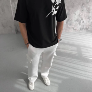 Erkek Kısa Kol Tişört Bisiklet Yaka GÜL Baskılı Oversize T-Shirt - Siyah