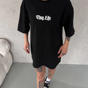 Kadın Kısa Kol Yazlık Tişört Bisiklet Yaka Baskılı Oversize T-Shirt -  Siyah