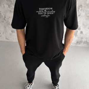 Erkek Kısa Kol Yazlık Tişört Bisiklet Yaka Baskılı Oversize T-Shirt - Siyah