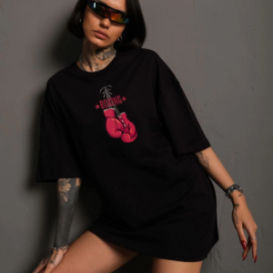 Kadın Kısa Kol Tişört Bisiklet Yaka Boxy Eldiven Baskılı T-Shirt - Siyah