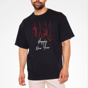 Erkek Kısa Kol Tişört Bisiklet Yaka Yeni Yıl Baskılı T-Shirt - Siyah