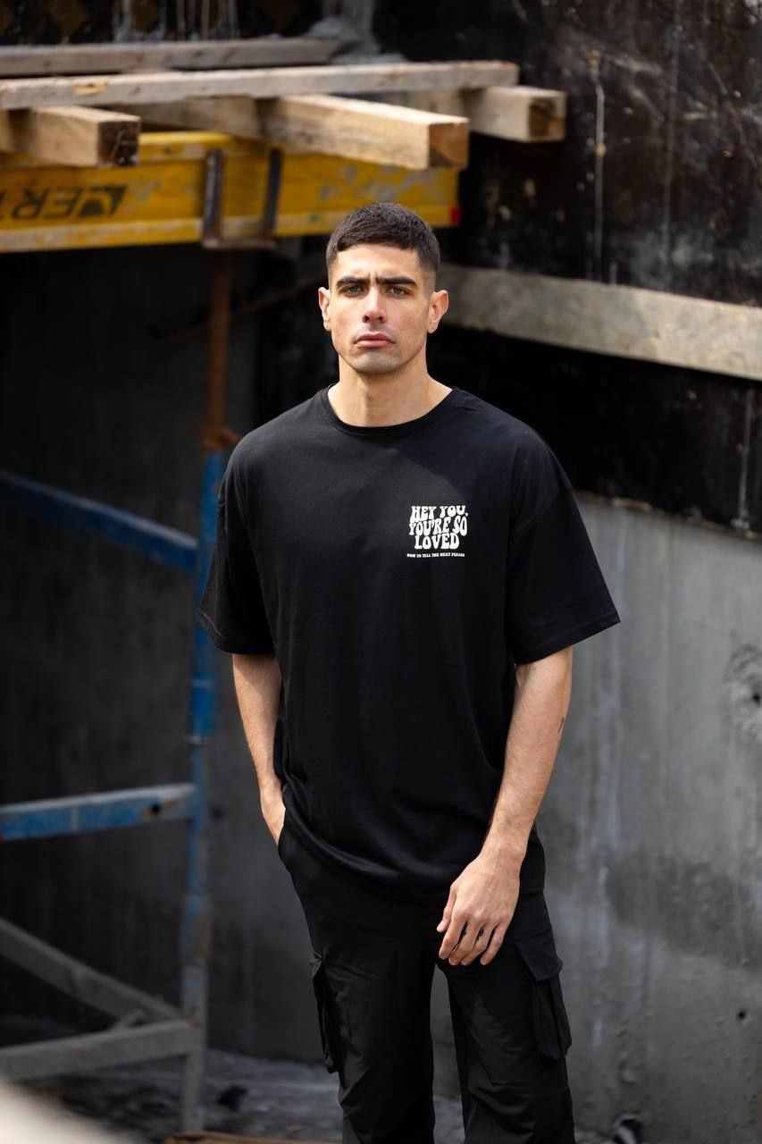 unisex-bisiklet-yaka-baskili-oversize-t-shirt-siyah-53848225-sw853sh1280 Erkek Kısa Kol Yazlık Tişört Bisiklet Yaka Baskılı Oversize T-Shirt - Siyah
