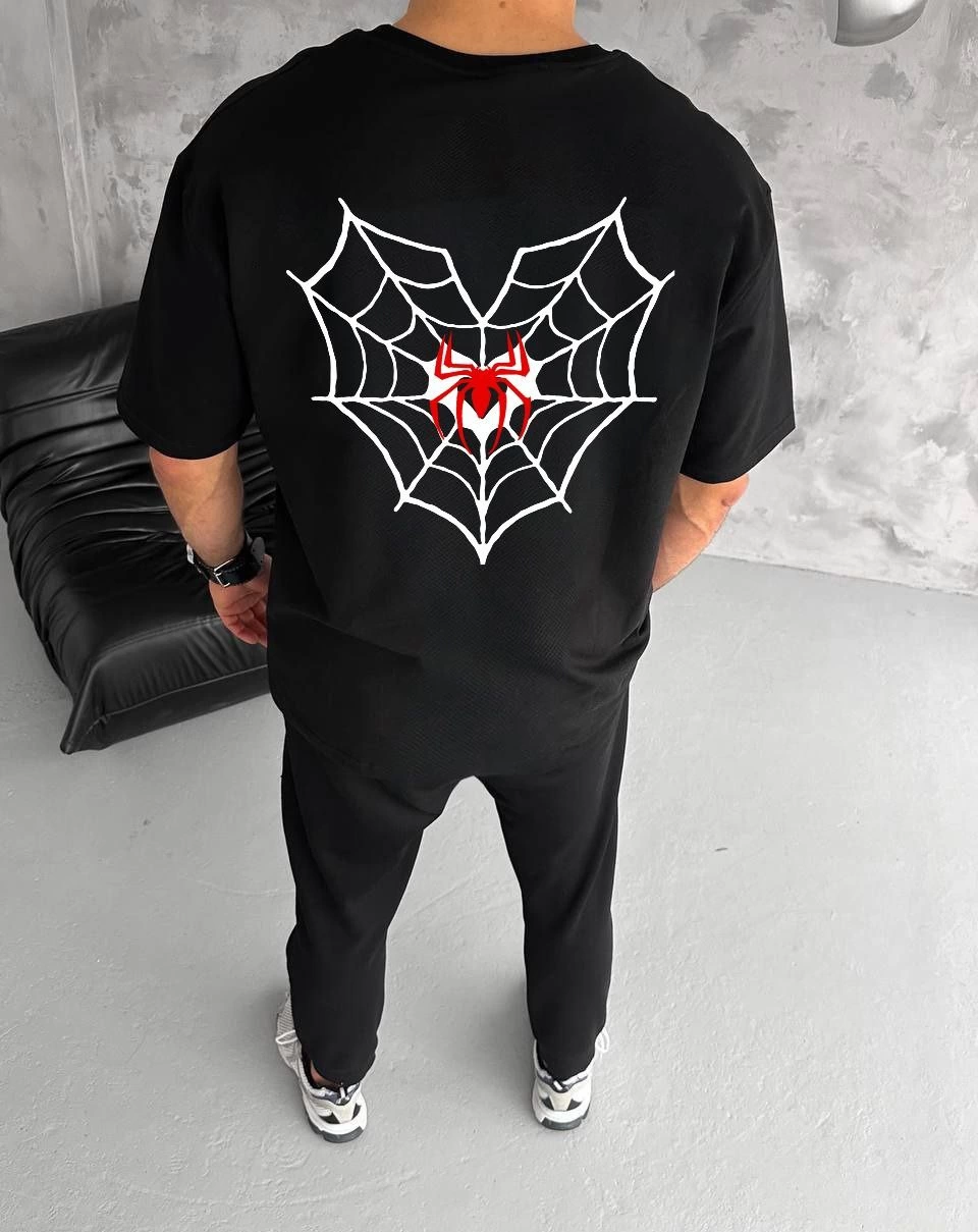 unisex-bisiklet-yaka-baskili-oversize-t-shirt-siyah-54262864-sw960sh1209 Erkek Kısa Kol Tişört Bisiklet Yaka ÖRÜMCEK Baskılı Oversize T-Shirt - Siyah - Görsel 2