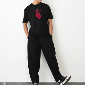 Erkek Boks Eldiven Baskılı T-Shirt Kısa Kol Bisiklet Yaka Regular Tişört - Siyah