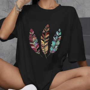 Kadın Baskılı T-Shirt Kısa Kol Bisiklet Yaka Oversize Rahat Kalıp Günlük Tişört   - Siyah