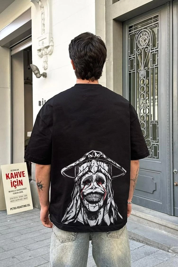 unisex-bisiklet-yaka-baskili-oversize-t-shirt-siyah-64585382-sw752sh1128 Erkek Kısa Kol Tişört Bisiklet Yaka Yıldırım Baskılı Oversize T-Shirt - Siyah - Image 2
