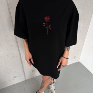kadın Bisiklet Yaka Baskılı Oversize  Kısa kol T-Shirt - Siyah