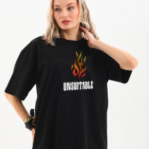 Kadın Baskılı T-Shirt Kısa Kol Bisiklet Yaka Oversize Rahat Kalıp Günlük Tişört - Siyah
