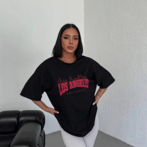 Kadın Kısa Kol Yazlık Tişört Bisiklet Yaka Los Angeles Baskılı T-Shirt - Siyah