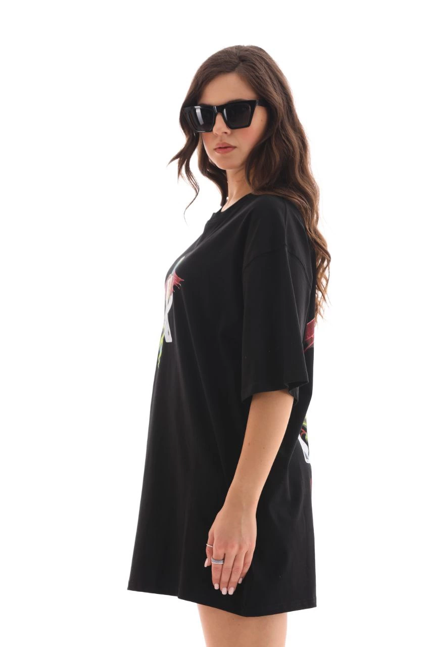 unisex-bisiklet-yaka-baskili-oversize-t-shirt-siyah-80386155-sw853sh1280 Kadın Baskılı T-Shirt Kısa Kol Bisiklet Yaka Regular Fit Rahat Kalıp Günlük Tişört -Siyah - Görsel 2