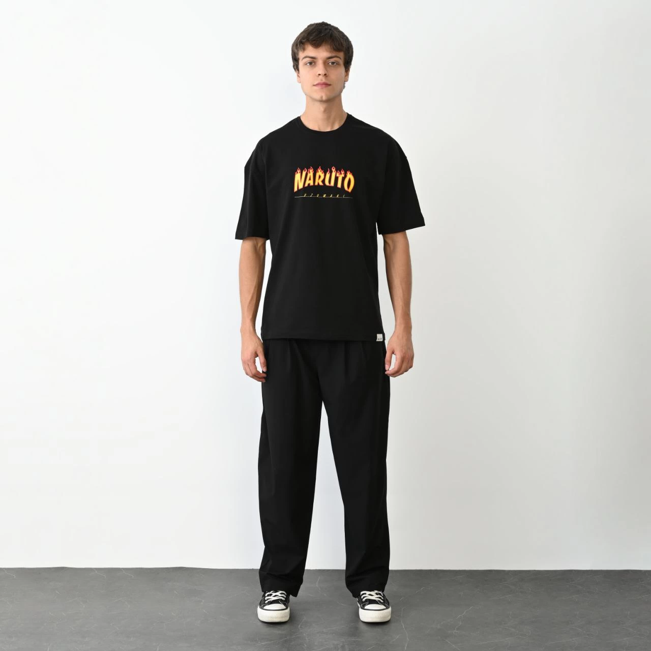 unisex-bisiklet-yaka-baskili-oversize-t-shirt-siyah-82522240-sw1280sh1280 Erkek Baskılı T-Shirt Kısa Kol Bisiklet Yaka Regular Fit Rahat Kalıp Günlük Tişört - Siyah
