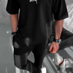Erkek Kısa Kol Yazlık Tişört Bisiklet Yaka Baskılı Oversize T-Shirt - Siyah