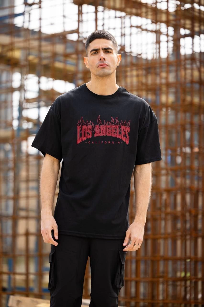 unisex-bisiklet-yaka-baskili-oversize-t-shirt-siyah-89002982-sw853sh1280 Erkek Kısa Kol Tişört Bisiklet Yaka LOS ANGELES Baskılı T-Shirt - Siyah