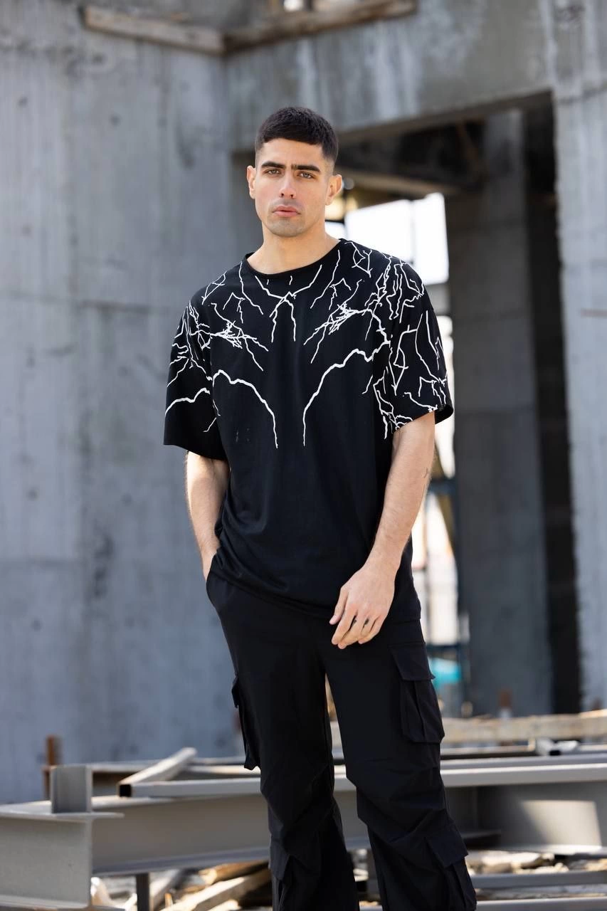 unisex-bisiklet-yaka-baskili-oversize-t-shirt-siyah-98499052-sw853sh1280 Erkek Yıldırım şimşek Baskılı T-Shirt Kısa Kol Bisiklet Yaka Tişört - Siyah