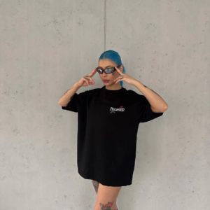 Kadın Bisiklet Yaka Baskılı kısa kol Oversize T-Shirt - Siyah