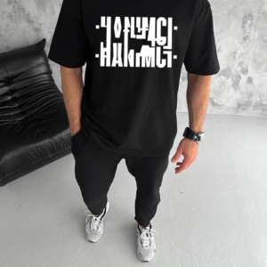 Erkek Tişört Kısa Kol Bisiklet Yaka Katlanan HANIMCI Baskılı T-Shirt - Siyah