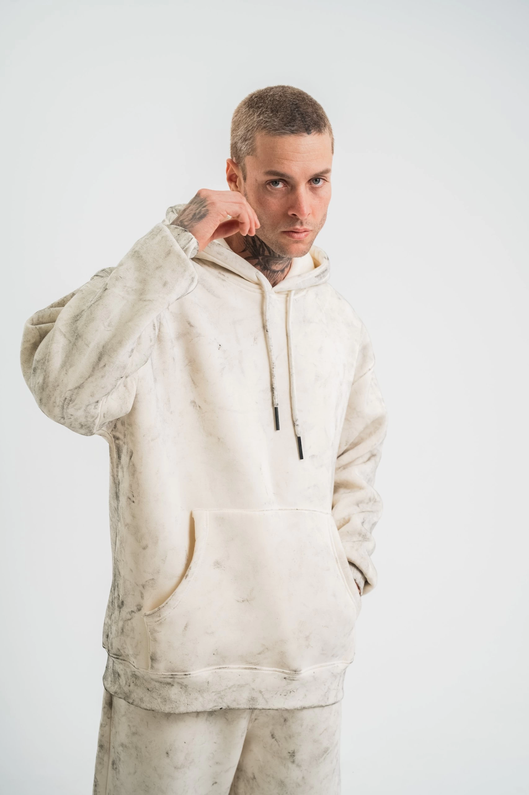 unisex-double-oversize-kapsonlu-yikamali-sweatshirt-krem-70451220-sw1706sh2560 ERKEK 3 iplik Pamuklu Oversize Kapşonlu Yıkamalı SweatShirt Hoodie - Krem