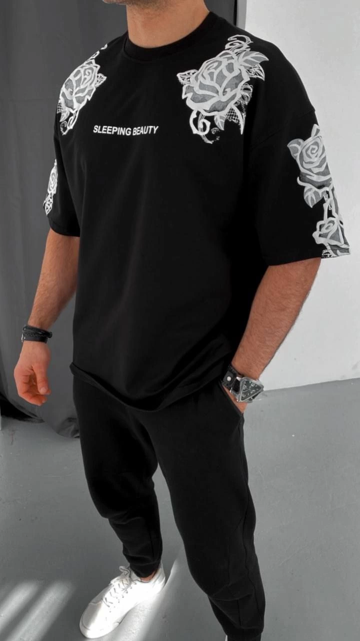 unisex-flok-kabartma-baskili-t-shirt-siyah-8189236-sw720sh1280 Erkek Kısa Kol Yazlık Tişört Bisiklet Yaka Baskılı Oversize T-Shirt - Siyah