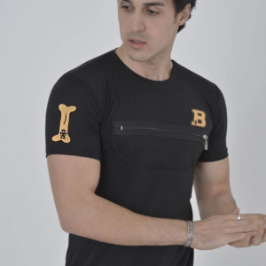 Erkek Baskılı T-Shirt Kısa Kol Bisiklet Yaka Göğüs Fermuarlı Slimfit Tişört - Siyah
