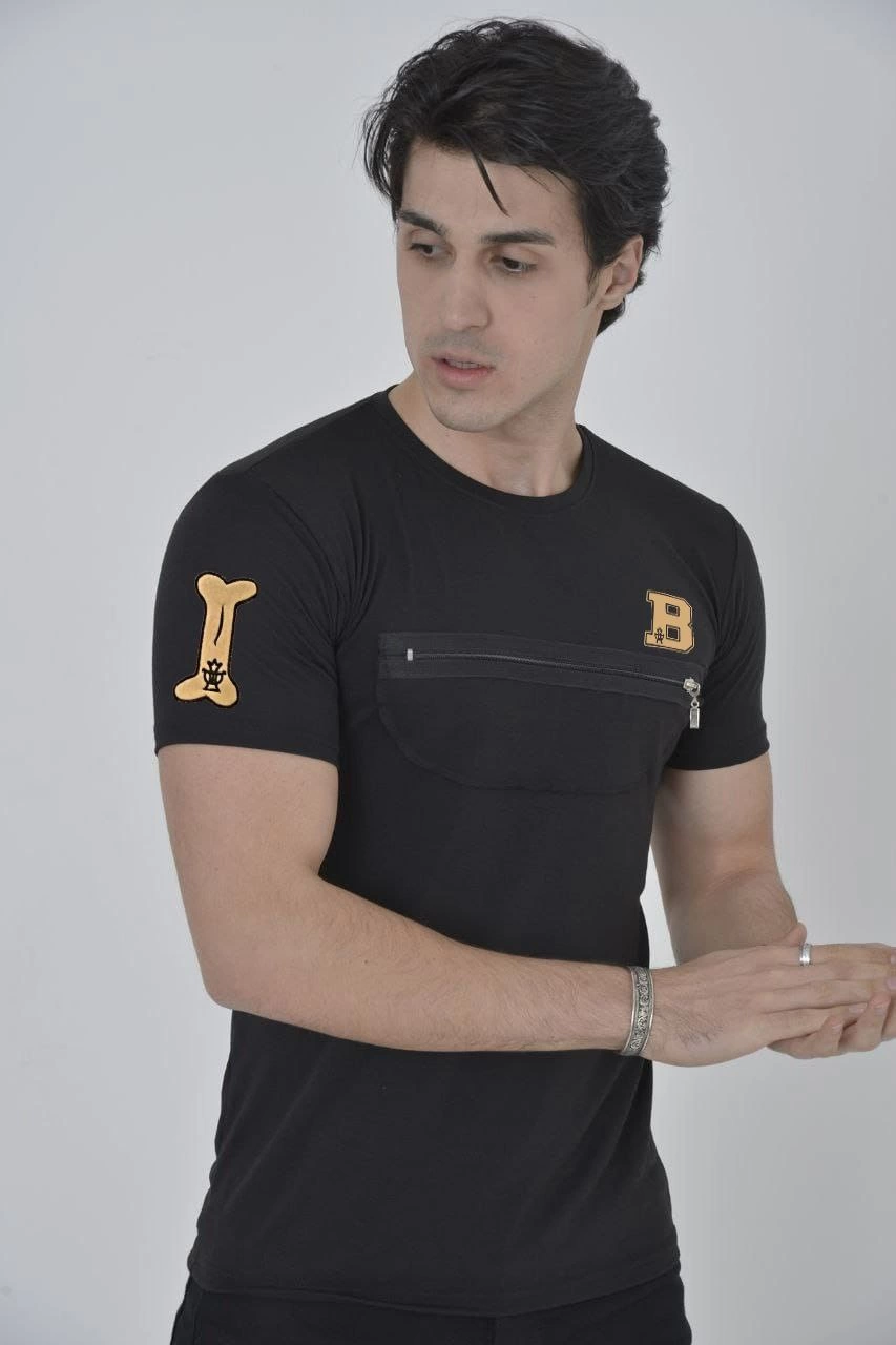 unisex-gogus-fermuarli-baskili-t-shirt-beyaz-4440620-sw853sh1280 Erkek Baskılı T-Shirt Kısa Kol Bisiklet Yaka Göğüs Fermuarlı Slimfit Tişört - Siyah