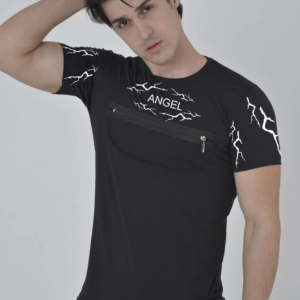 Erkek Baskılı T-Shirt Kısa Kol Bisiklet Yaka Göğüs Fermuarlı Slimfit Tişört - Siyah