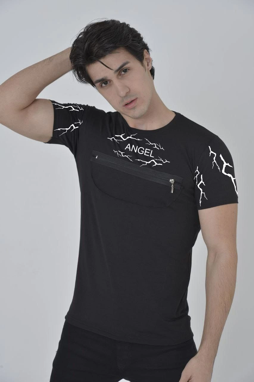 unisex-gogus-fermuarli-baskili-t-shirt-beyaz-88401524-sw853sh1280 Erkek Baskılı T-Shirt Kısa Kol Bisiklet Yaka Göğüs Fermuarlı Slimfit Tişört - Siyah